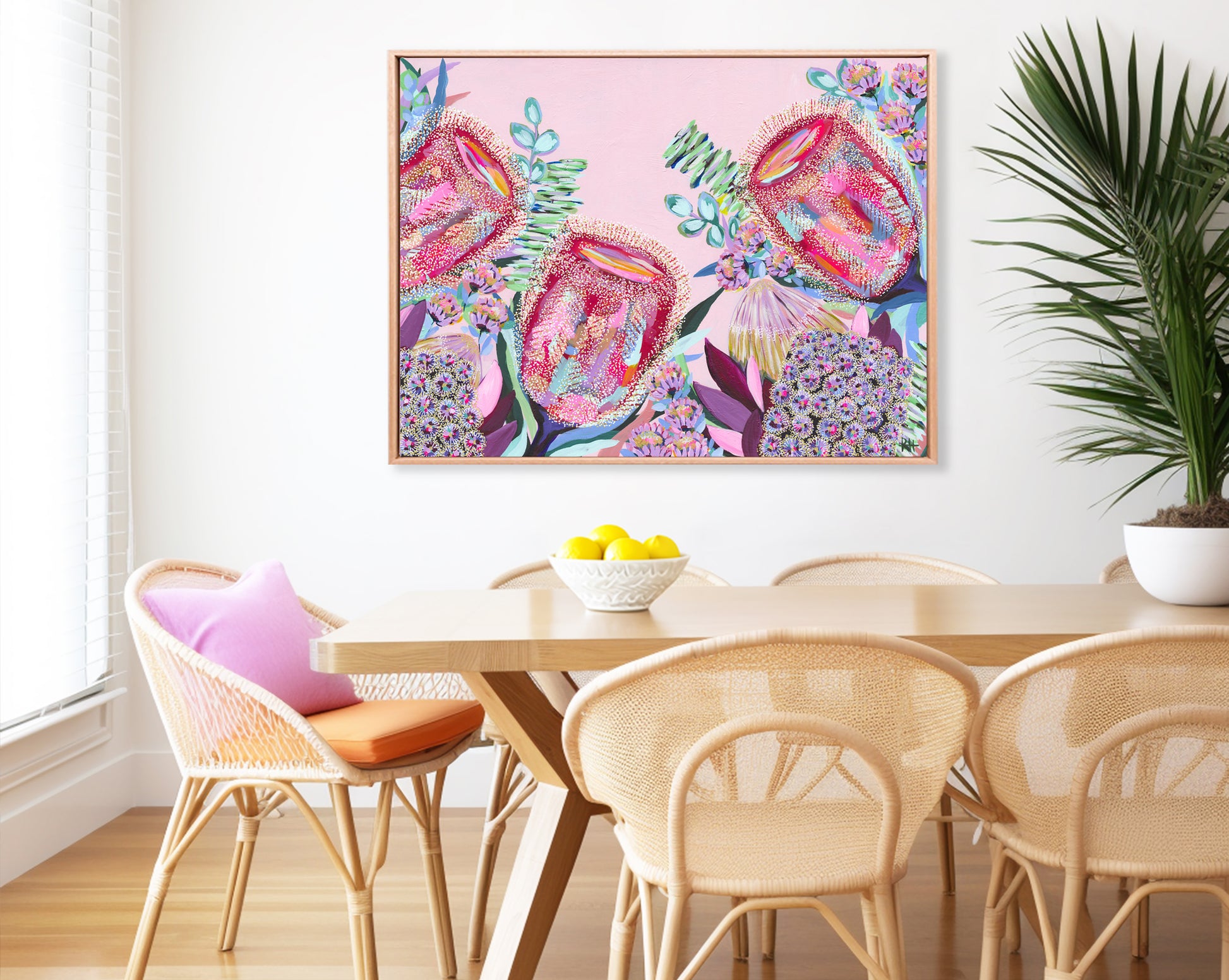 Banksia Song – colourful floral artwork by Rachelle Holowko with vibrant banksias and soft pink background.