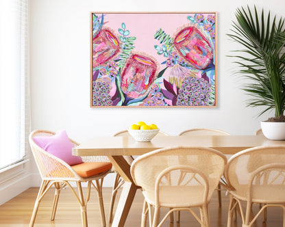 Banksia Song – colourful floral artwork by Rachelle Holowko with vibrant banksias and soft pink background.