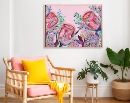 Banksia Song – colourful floral artwork by Rachelle Holowko with vibrant banksias and soft pink background.