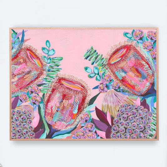 Banksia Song – colourful floral artwork by Rachelle Holowko with vibrant banksias and soft pink background.