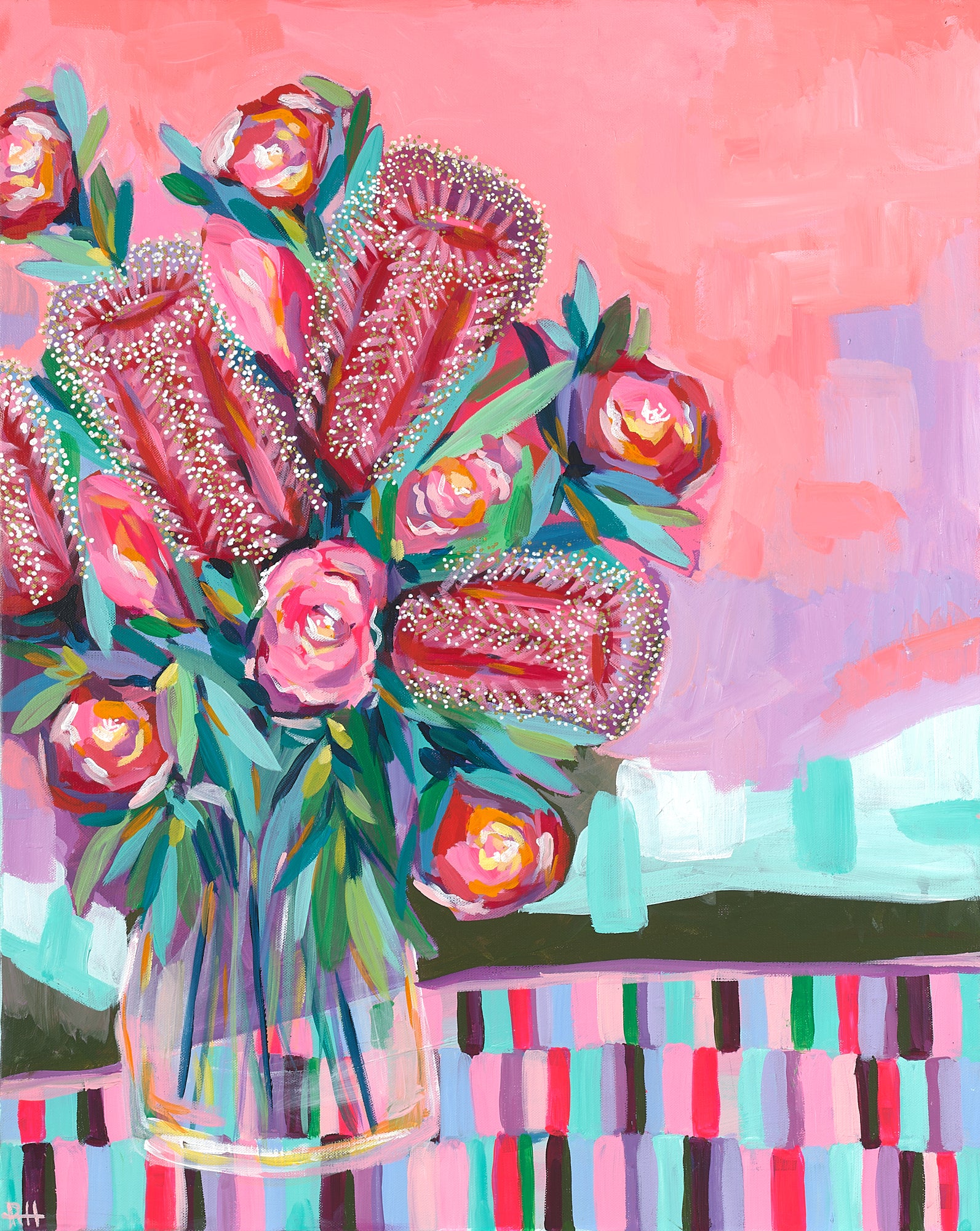 Original painting and print 'Blooming Stripes' by Rachelle Holowko – playful florals layered over abstract stripes