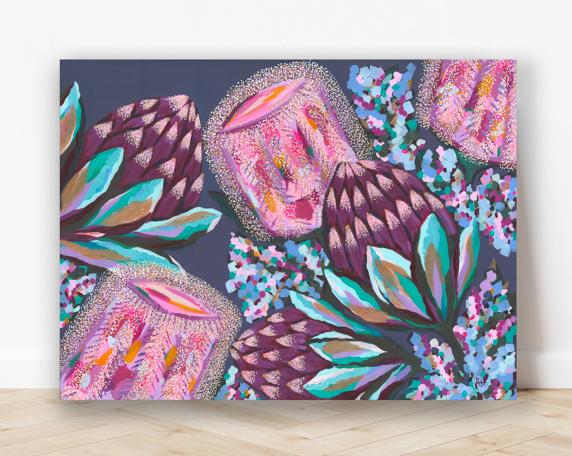 Fireside – rich and moody Australian floral painting by Rachelle Holowko with deep red banksias and lush textured leaves.
