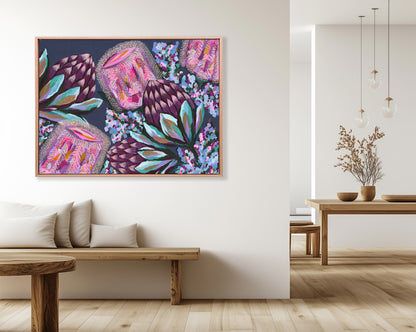 Fireside – rich and moody Australian floral painting by Rachelle Holowko with deep red banksias and lush textured leaves.