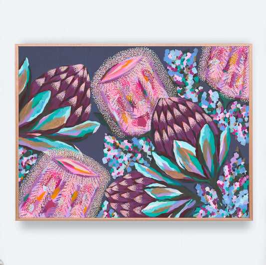 Fireside – rich and moody Australian floral painting by Rachelle Holowko with deep red banksias and lush textured leaves.