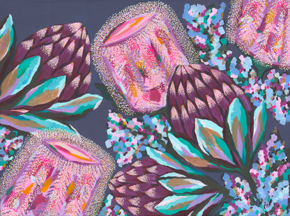 Fireside – rich and moody Australian floral painting by Rachelle Holowko with deep red banksias and lush textured leaves.