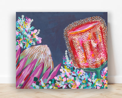 First Light – original floral painting by Rachelle Holowko featuring bold banksias and proteas in warm pinks and soft morning tones.
