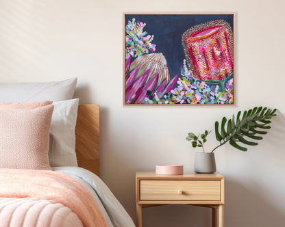 First Light – original floral painting by Rachelle Holowko featuring bold banksias and proteas in warm pinks and soft morning tones.

