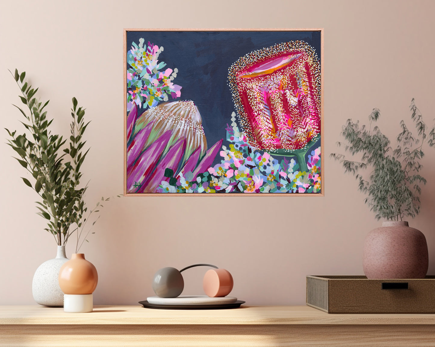 First Light – original floral painting by Rachelle Holowko featuring bold banksias and proteas in warm pinks and soft morning tones.

