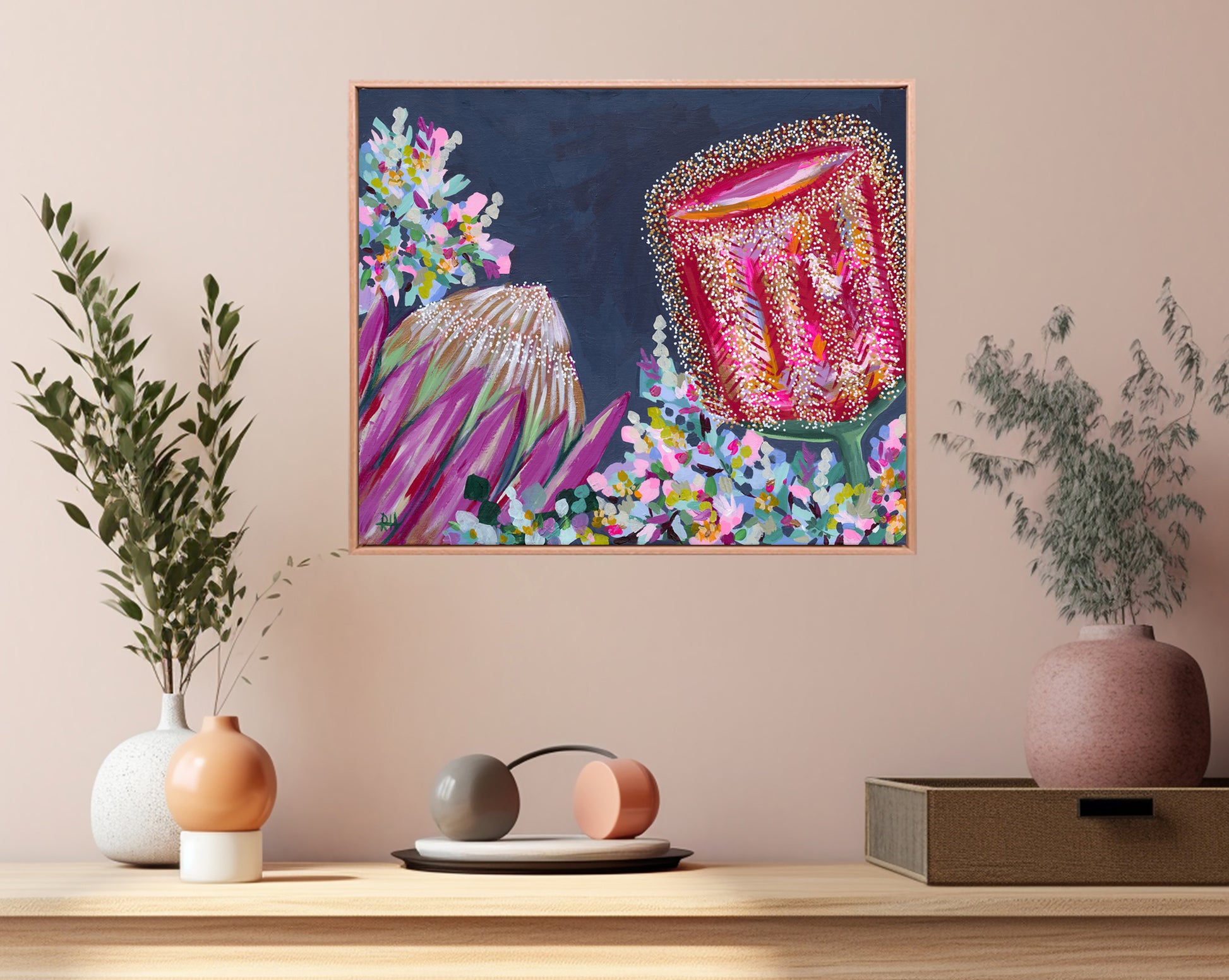 First Light – original floral painting by Rachelle Holowko featuring bold banksias and proteas in warm pinks and soft morning tones.

