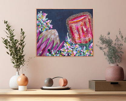 First Light – original floral painting by Rachelle Holowko featuring bold banksias and proteas in warm pinks and soft morning tones.

