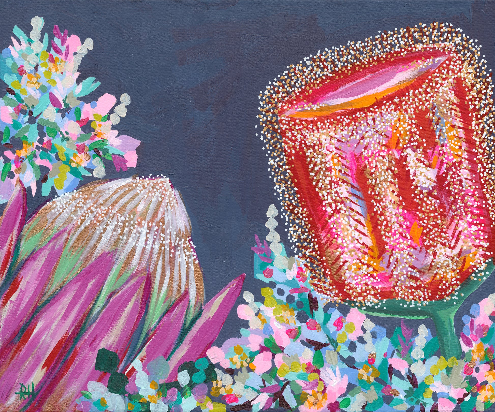 First Light – original floral painting by Rachelle Holowko featuring bold banksias and proteas in warm pinks and soft morning tones.

