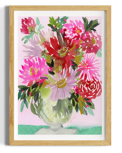 Watercolour print “Geranium” by Rachelle Holowko – vibrant geranium blossoms in a vase  in botanical watercolour style in wooden frame