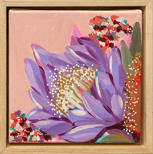 Violet Dusk – 20x20cm framed original floral artwork by Rachelle Holowko featuring a purple protea and soft warm background.

