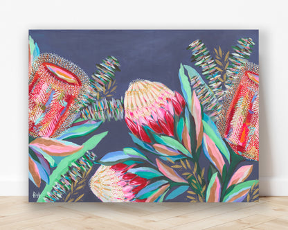 Native Night – bold Australian native flower painting by Rachelle Holowko with proteas and banksias on a moody blue background.
