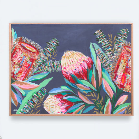 Native Night – bold Australian native flower painting by Rachelle Holowko with proteas and banksias on a moody blue background.