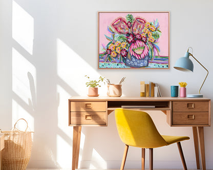 Patterned Vase – original floral painting by Rachelle Holowko featuring a navy patterned vase with proteas and yellow gum blossoms.

