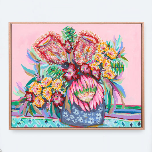 Patterned Vase – original floral painting by Rachelle Holowko featuring a navy patterned vase with proteas and yellow gum blossoms.

