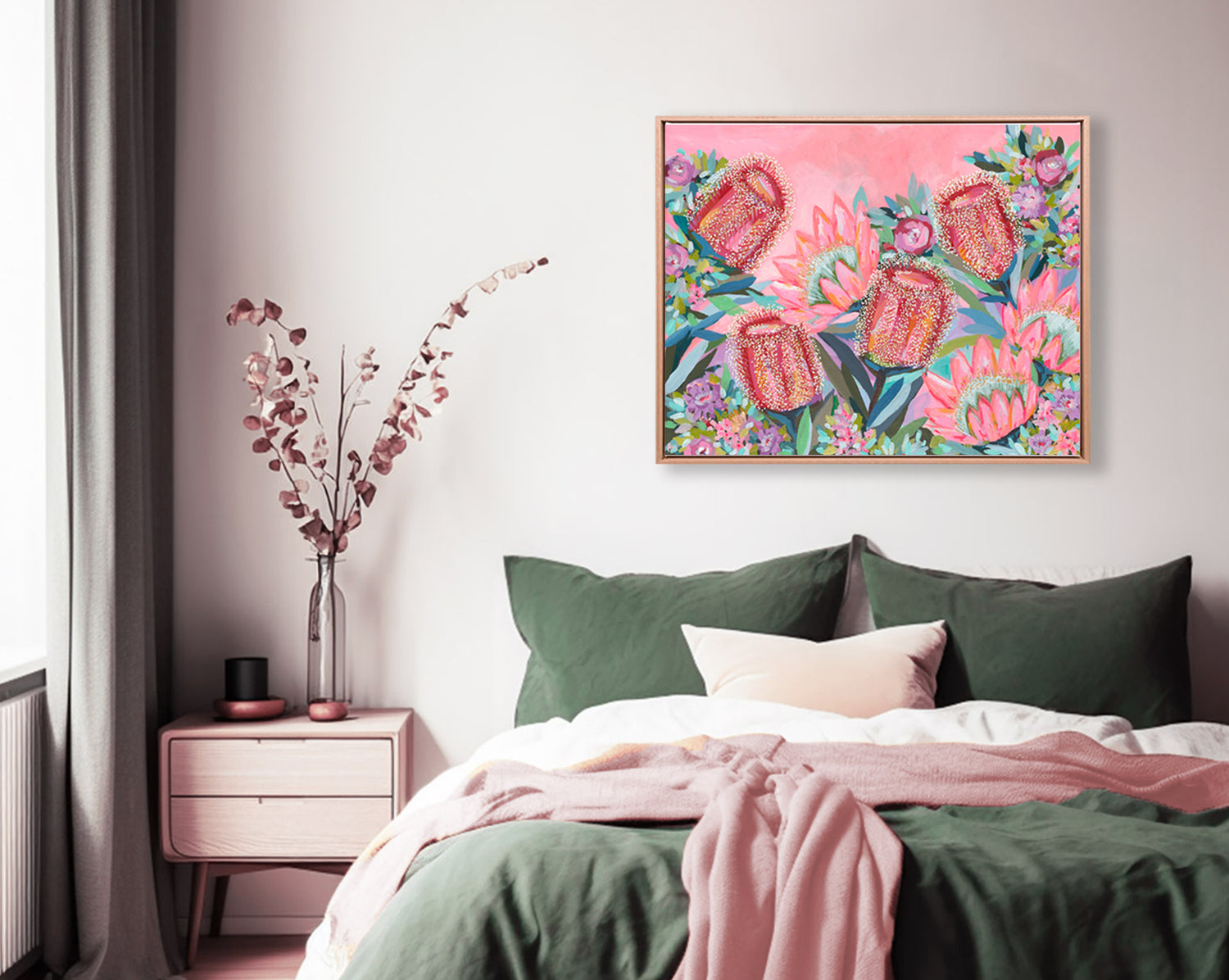 Colourful floral artwork by Rachelle Holowko styled in a bright modern home interior