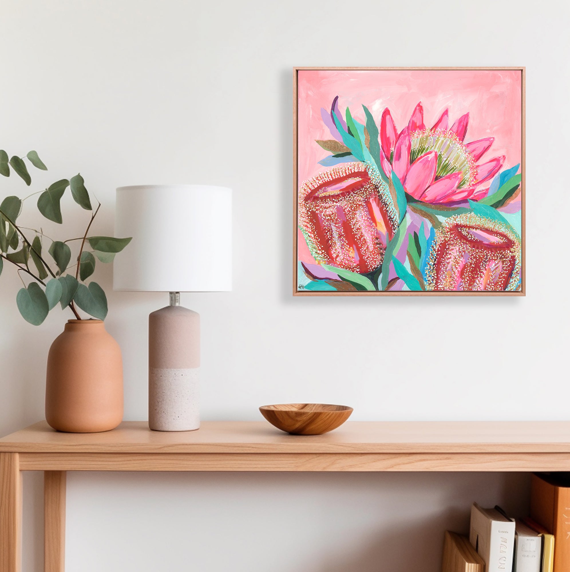 Colourful floral artwork by Rachelle Holowko styled in a bright modern home interior