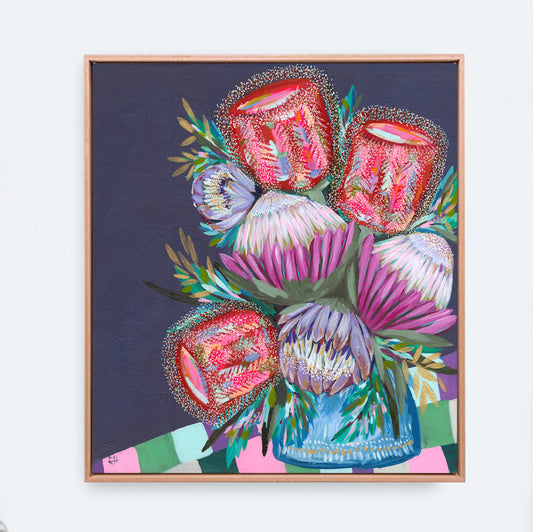 Protea Table – expressive Australian floral still life by Rachelle Holowko with a vase of proteas and red banksias.