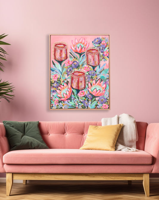 Colourful floral artwork by Rachelle Holowko styled in a bright modern home interior
