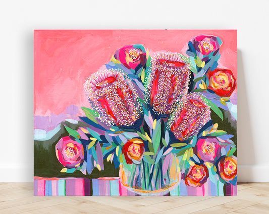 Original acrylic painting and print, The Wild Vase' by Australian artist Rachelle Holowko. Expressive, loose brushstrokes featuring Aussie native flowers. A floral bouquet.