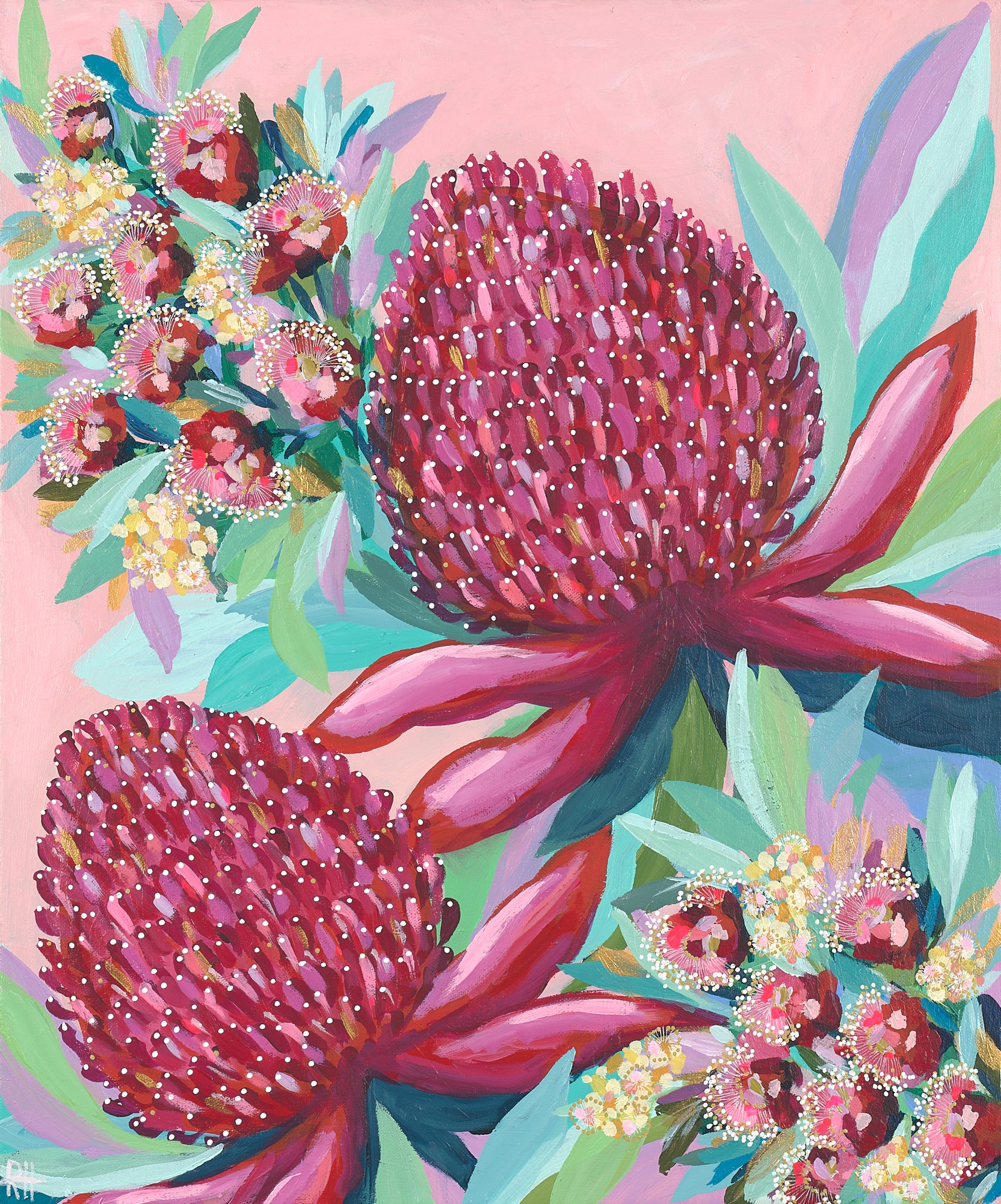 Waratah Still – original floral painting and print by Rachelle Holowko featuring bold brushstrokes, vibrant pinks, and native Australian waratah florals.

