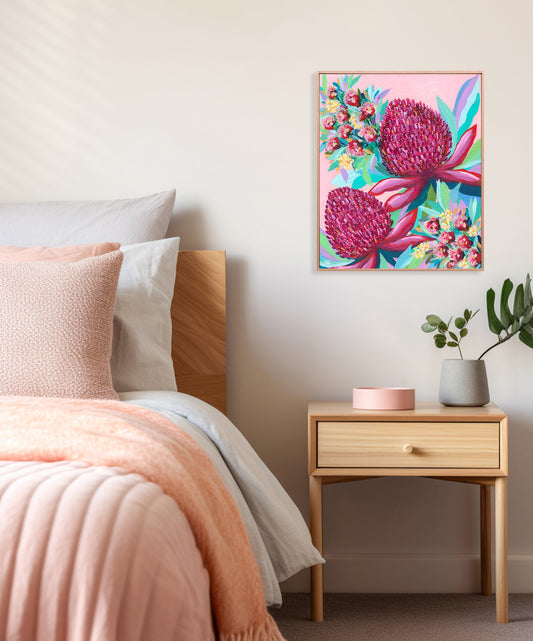 Colourful floral artwork by Rachelle Holowko styled in a bright modern home interior