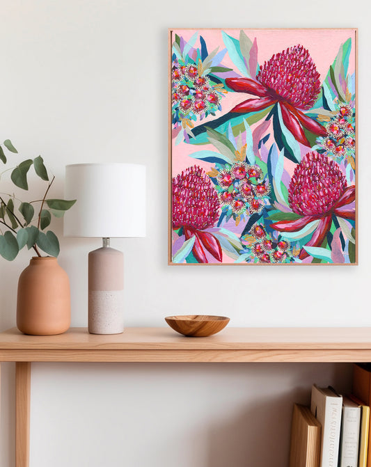 Colourful floral artwork by Rachelle Holowko styled in a bright modern home interior